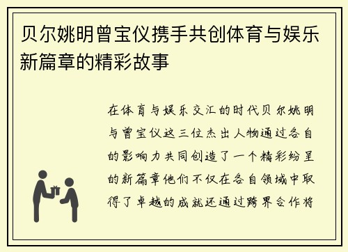 贝尔姚明曾宝仪携手共创体育与娱乐新篇章的精彩故事